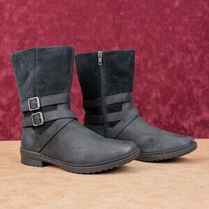 UGG Women Lorna Black Leather Waterproof Shearling Top Mid Calf Boots sz 11